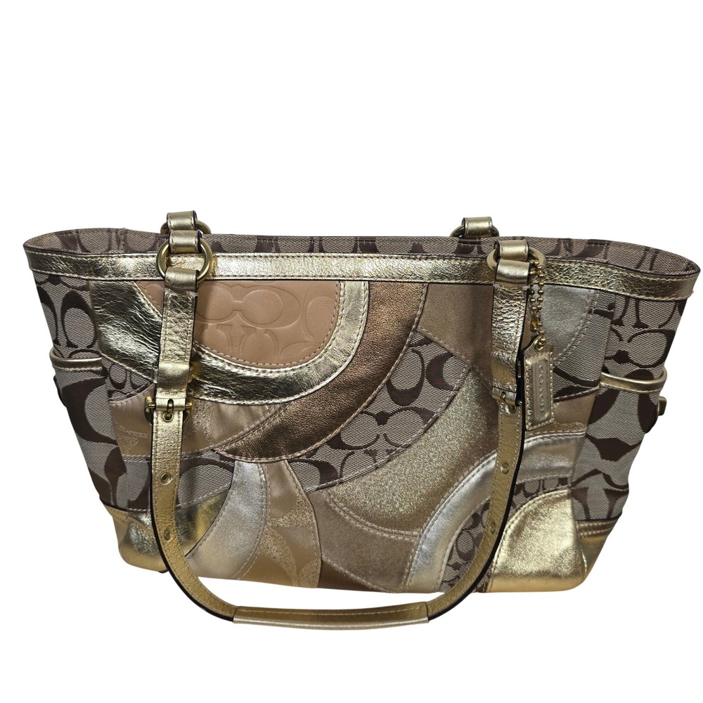 Coach Patchwork Tote Gold Khaki Signature Canvas Leather Bag F14004 Large